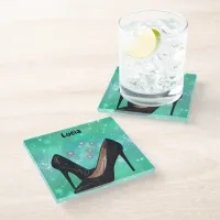 Black Glitter High Heel Shoe on Green | Glass Coaster