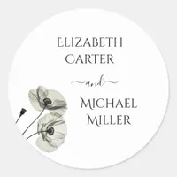 Simple Elegant Minimalism Black and White Poppies Classic Round Sticker