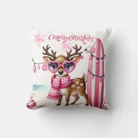 Pink Reindeer with Sunglasses Christmas Throw Pillow