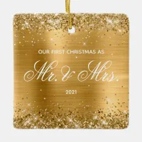 Glittery Gold Foil Our First Christmas Ceramic Ornament