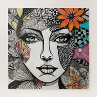 Abstract Mixed Media Womans Face Jigsaw Puzzle