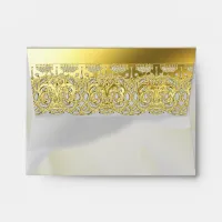 Gold Lace on White Rose Wedding Envelope