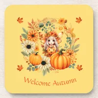 Cute Pumpkin Fairy in Autumn Wreath Beverage Coaster