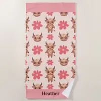 Cute Highland Cows and Flowers Pink and Brown  Beach Towel