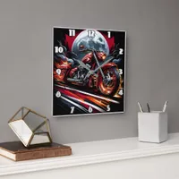 Fiery motorcycle races under a full moon square wall clock