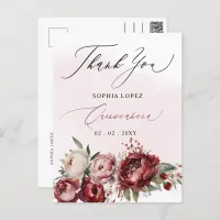  Burgundy Blush Floral Quinceañera Thank You Postcard