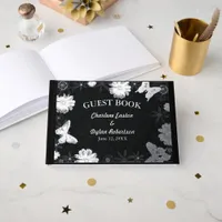 Silver Foil Flowers & Butterflies Black Wedding Foil Guest Book