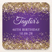 Gold Glitter Royal Purple 40th Birthday Square Paper Coaster