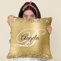 Faux Shiny Gold Glitter and Foil Fancy Monogram Throw Pillow