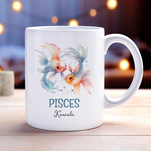 Cute Watercolor Illustration Pisces Zodiac Name Coffee Mug