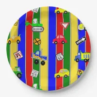 Trucks, Cars, Tractors and Traffic Signs Birthday Paper Plates