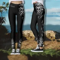 Hand-drawn Black and White Floral   Leggings