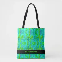 Pretty Lime Green Aqua Blue Leaves with Name Tote Bag