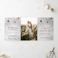 Silver Red Snowflake Winter Wedding  Tri-Fold Program