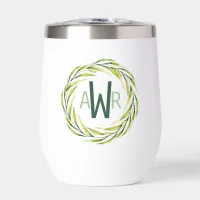 Watercolor Greenery Frame Monogram ID667 Thermal Wine Tumbler