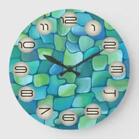 Chic Artistic Green Artdeco Pattern  in Watercolor Large Clock