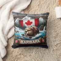 Canadian Beaver Swimming Near Mountain Stream Throw Pillow