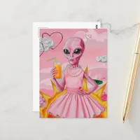 Adorable Alien Lady in Pink With Orange Juice Postcard