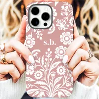 Retro Wildflower Dusty Rose Floral Monogram iPhone 16 Pro Max Case