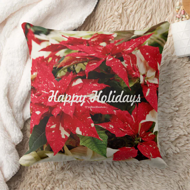 Festive Floral Red White Poinsettias Leaves Throw Pillow