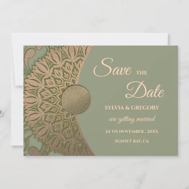 Elegant Modern Sage green & gold classic mandala Save The Date