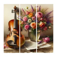 Violin, Sheet Music and a Vase of Flowers  Triptych