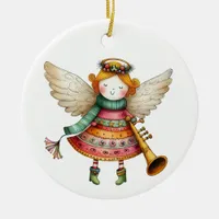 Cute Christmas Folk Art Angel Ceramic Ornament