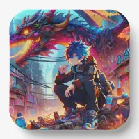 Anime Boy and Dragon in a Dystopian World Paper Plates