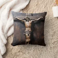 Crucifixion of Jesus on Wooden Cross Throw Pillow