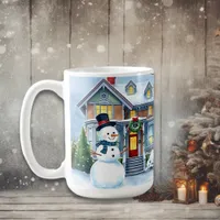 Cute Whimsical Snowman in the Front Yard Christmas Coffee Mug