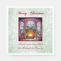 Vibrant Green Glitter Stained Glass Cosy Fireplace Napkins