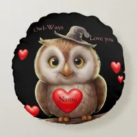 Cute little Funny Owl with love Hearts Round Pillow