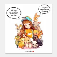 Cute girl with animals cartoon sticker