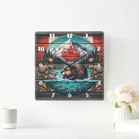 Beaver by Tree, Canadian Pride Square Wall Clock