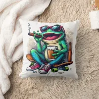 Frog partying on a skateboard with drinks! throw pillow