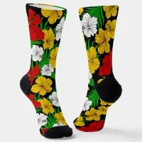 Rasta Colored Tropical Hibiscus Flowers Patterned Socks