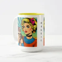 Cartoon Comic Pop Art Women Holding Cat Two-Tone Coffee Mug