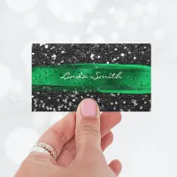 Black Confetti Glitter Green Brush Strokes Business Card