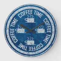 Coffee Time Silver on Blue Large Clock