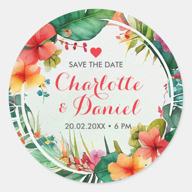 Topical Floral Wreath  | Save The Date | Wedding Classic Round Sticker