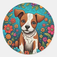 Cute Puppy with Whimsical Folk Art Flowers Classic Round Sticker