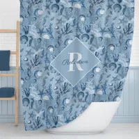 Blue Ocean Sea Life Monogram Coastal Shower Curtain