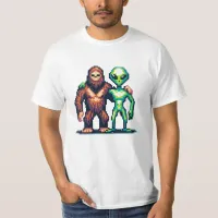 Extraterrestrial Alien Being and Bigfoot Pixel Art T-Shirt