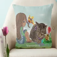 Little Girl and a Cat in a flower field pillow