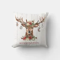 Rustic Christmas Reindeer Ornaments on White Wood Throw Pillow