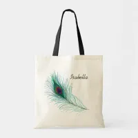 Personalized Turquoise Peacock Feather Tote Bag