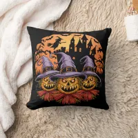 Spooky Halloween scarecrows under a full moon Throw Pillow