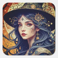 Halloween Blue-haired Tattooed Witch Square Sticker