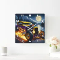 A vibrant hot rod cruising by the moonlit lake square wall clock