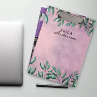 Romantic Watercolor Leafy Green Branches On Pink  Clipboard